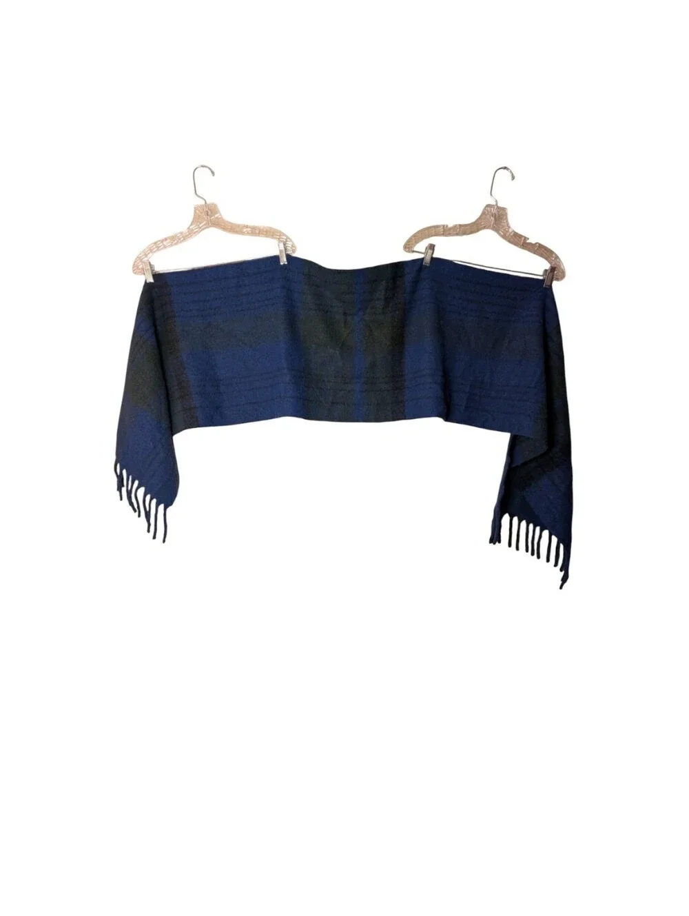 Uniqlo blue tartan plaid scarf soft fringe unisex cozy blanket wrap wool silk